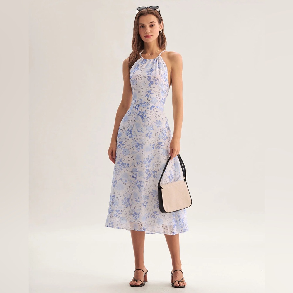 Rihoas Blue Floral Halter Midi Dress
